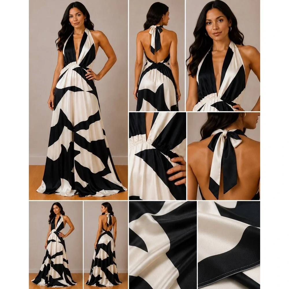 Bardot Black White Abstract Halter Maxi Dress Plunging V-Neck Open Back Size 12